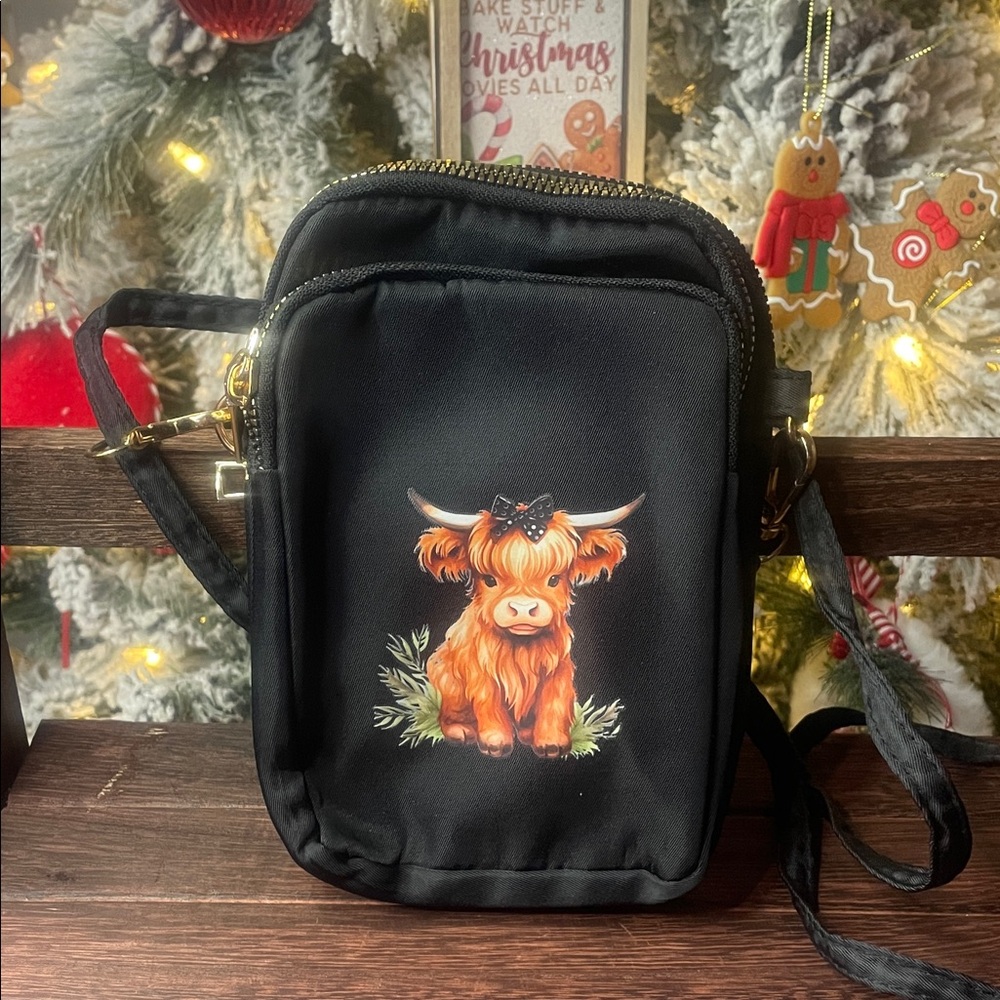 Black Crossbody Bag with Highland Cow Design